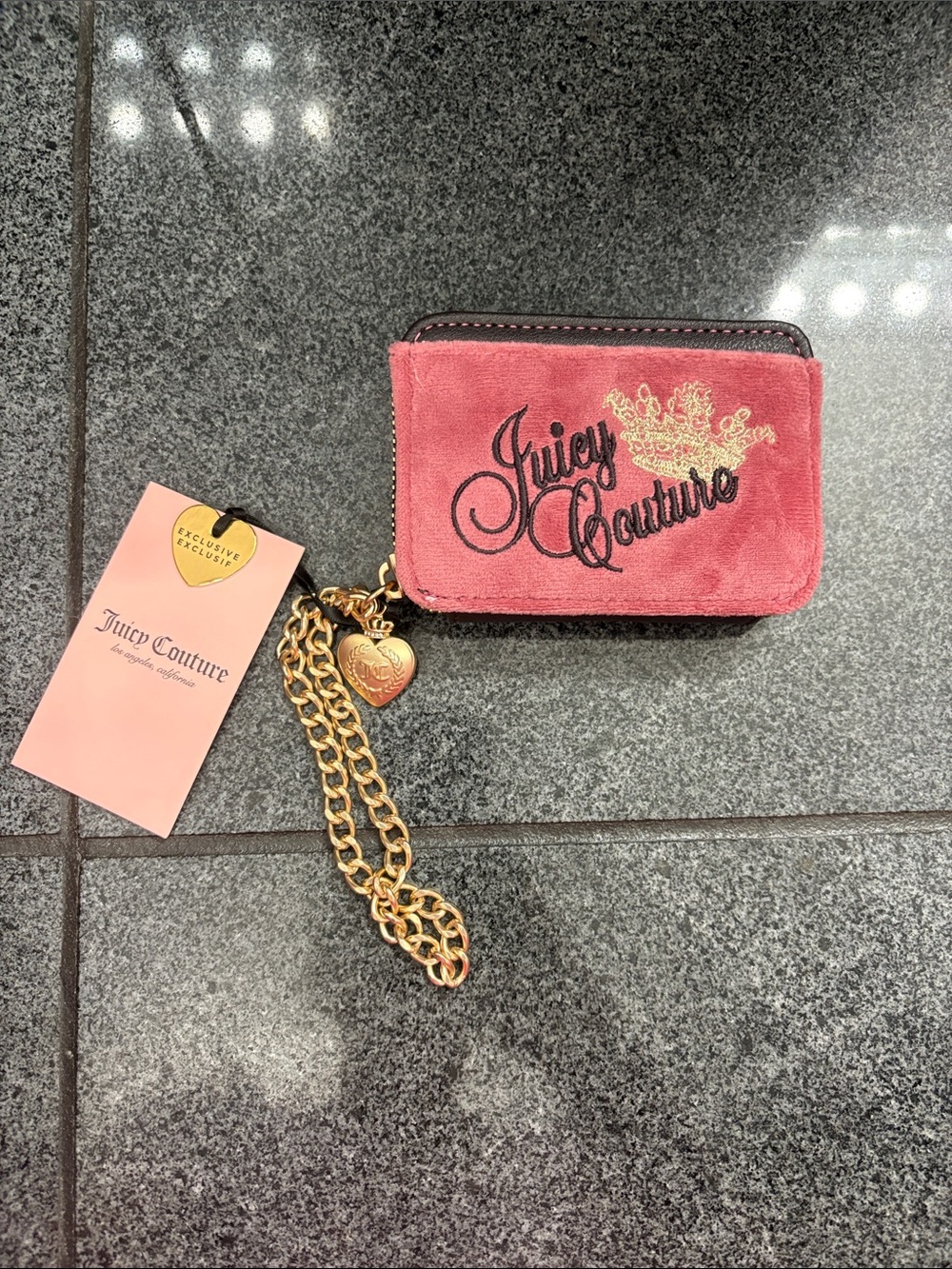 Exclusive Juicy Couture Rose Pink Velvet Card & Key Holder with Gold Chain